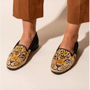 😻 By Paige $368 Needlepoint Loafer Cat Face Leather 9 Kitty Lion Slipper Flats